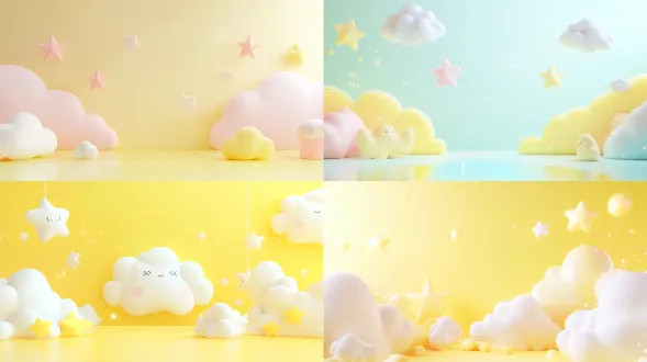 a clean pastel-colored desk background with cute cloud and star graphics. soft glowing effects on the left and right sides, leaving empty space in the center for a product. high-tech meets kawaii aesthetic, pastel yellow and white color palette, 3d render style background, 8k.