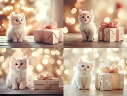a beautifully wrapped gift box with a ribbon on the right side, and a real cute white kitten curiously looking from the blurred background on the left. a blank wooden table surface in the center leaving empty space for a product. soft warm lighting, romantic and festive atmosphere, gift guide photography, depth of field.
