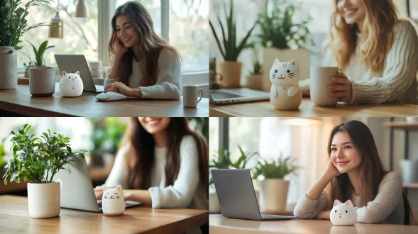 commercial lifestyle photography, a beautiful young american woman working from home at a sleek wooden desk. she is smiling softly, her hand resting on a cute white and cream-yellow cat-shaped wireless mouse. premium home office setup with a macbook, a ceramic coffee mug, and soft greenery. shot on sony a7r iv, 85mm lens, f/1.8. cinematic soft window lighting, beautiful skin texture, ultra-detailed, 8k resolution, photorealistic, editorial style.