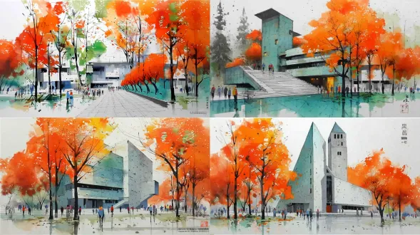 watercolor painting, campus scene, autumn trees with orange and red leaves, modern building, people walking on the campus, watercolor style