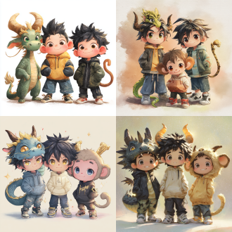 三个可爱的中国生肖男孩，高瘦龙少年有角和脸颊鳞片，中等酷蛇男孩黑色光滑头发和颈部鳞片，最小顽皮猴孩子毛茸茸耳朵尾巴，动物头大动漫眼加人类身体，休闲男孩装束（连帽衫牛仔裤运动鞋），明显身高差，温柔画家风格，细腻纹理（蓬松毛发光滑鳞片），边缘柔光，温暖鲜艳色彩，柔和背景虚化，q版比例身材，全身照，活泼可爱，杰作，8k画质，广角镜头，自然光，微笑表情，生动互动，动态姿势，高细节纹理，鲜艳配色，童话氛围，和谐构图