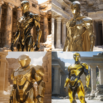 黄金机甲战士，太阳光芒下屹立，华丽镀金装甲，精密机械纹路，神圣威严，古希腊神殿废墟背景，斜射光束，高清细节，8k渲染，金属光泽，动态姿势，能量光环，冷色调与金色对比，未来科幻风格，昂首挺胸，坚定眼神，英雄气概。