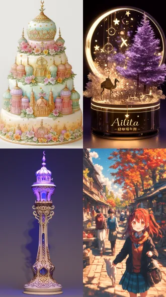 q版萌系ip‘艾力塔’，淡黄色砖石质感圆塔身，伊斯兰建筑色调，简化十二木卡姆浮雕，头顶迷你观光台亮暖黄光，铜骆驼吊坠，渐变星空蓝裙摆带星纹，右手举非遗馆箭头牌，左手攥巴扎地图，脚下淡蓝全息投影显示二道桥古今对比，背景伊斯兰穹顶剪影，圆润可爱风格，塔顶灯光闪烁，裙摆星纹飘动，4k分辨率，细节丰富。