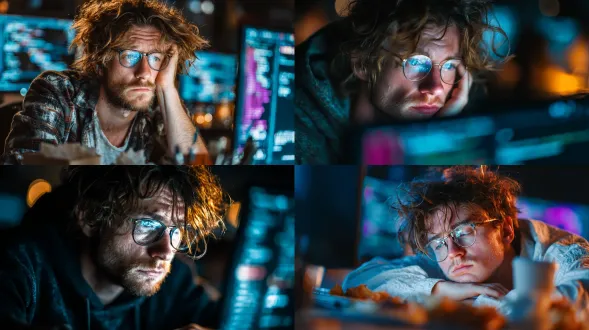 年轻程序员深夜编程，专注疲惫，电脑屏幕光照脸庞，散乱头发，眼镜反光，衬衣皱褶，键盘敲击动作，桌上外卖空盒餐巾纸团，暗调办公室背景虚化，赛博朋克风格，蓝紫主色调，高对比度，近景特写，超细节纹理，电影级布光，8k分辨率，科技感，神秘氛围，暗光环境，屏幕冷光，面部高光，疲惫神情