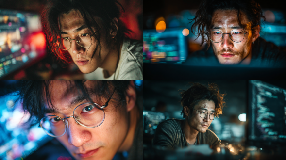 一个戴眼镜的中国年轻程序员，男性，穿着.衬衣，头发有些乱，眼睛紧盯着电脑屏幕，双手敲击键盘，很专注的神情，但脸色疲惫，一副正在熬夜的情形，电脑桌上放着吃剩的外卖空餐盒，和餐巾纸团，身后是办公室的场景（虚化），深夜的氛围，办公室里光线很暗，只有屏幕的光照在人脸上，近景，电影级布光，超细节纹理，赛博朋克风格，科技感，神秘感，8k 分辨率