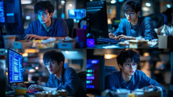 一个戴眼镜的中国年轻程序员，男性，穿着.衬衣，头发有些乱，眼睛紧盯着电脑屏幕，双手敲击键盘，很专注的神情，但脸色疲惫，一副正在熬夜的情形，电脑桌上放着吃剩的外卖空餐盒，和餐巾纸团，身后是办公室的场景（虚化），深夜的氛围，办公室里光线很暗，只有屏幕的光照在人脸上，近景，电影级布光，超细节纹理，赛博朋克风格，科技感，神秘感，8k 分辨率