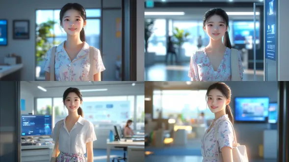 一个年轻中国女子，扎着一个马尾，脸色白净，穿一个简单的碎花裙子，背一个洗的发白的帆布包，面色亲切，友好，站在办公室门口，微笑，清晨的阳光照在脸上，电影级布光，超细节纹理，3d渲染真实，科技感，8k 分辨率