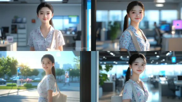一个年轻中国女子，扎着一个马尾，脸色白净，穿一个简单的碎花裙子，背一个洗的发白的帆布包，面色亲切，友好，站在办公室门口，微笑，清晨的阳光照在脸上，电影级布光，超细节纹理，3d渲染真实，科技感，8k 分辨率