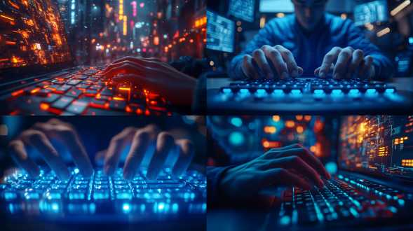 一双年轻中国男子的手正在敲击键盘，手清瘦白皙，穿着蓝色的衬衣，光线昏暗，屏幕的光照在手指上，深夜的氛围，特写，电影级布光，超细节纹理，3d渲染真实，科技感，8k 分辨率