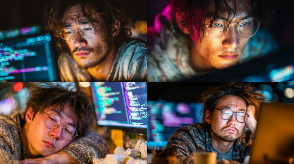 年轻中国男性程序员深夜编程，专注疲惫，电脑屏幕光照脸庞，散乱头发，眼镜反光，衬衣皱褶，键盘敲击动作，桌上外卖空盒餐巾纸团，打瞌睡，暗调办公室背景虚化，赛博朋克风格，蓝紫主色调，高对比度，，超细节纹理，电影级布光，8k分辨率，科技感，神秘氛围，暗光环境，屏幕冷光，面部高光，疲惫神情