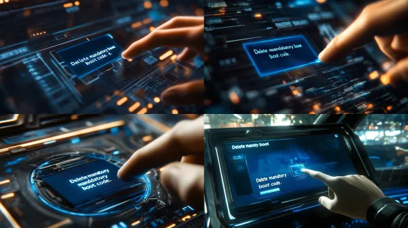 深夜的电脑屏幕上，游戏设计版面，光标落在一个发光的提示框上，提示框中的文字：删除强制引导代码。不要出现人的手，特写，电影级布光，超细节纹理，3d渲染真实，科技感，8k 分辨率