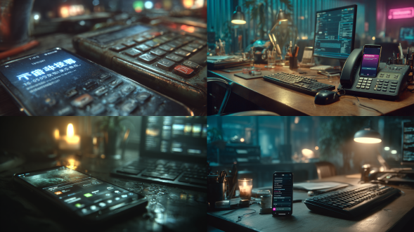 一个光线昏暗的办公桌上，键盘旁边放着一个手机，屏幕上弹出微信消息，特写镜头，电影级布光，超细节纹理，赛博朋克风格，科技感，神秘感，8k分辨率，蓝色霓虹光，阴影对比强烈，未来感，界面微光反射，金属质感，数字信息流，暗调氛围，冷色调，高动态范围