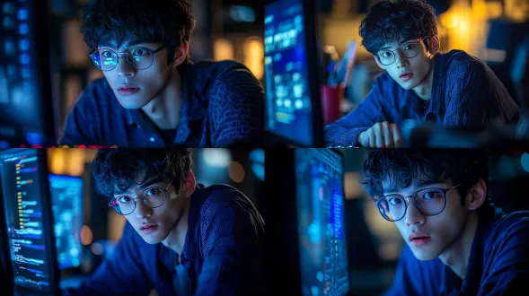 男子面部特写，吃惊的表情，眼镜上反射着电脑上的蓝色和红色的光，电影级布光，电影级质感，科技感，神秘感，8k 分辨