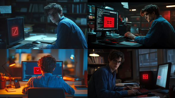 昏暗办公室深夜加班，年轻男子背影，蓝麻衬衫黑框眼镜，凌乱头发，伸手拿键盘旁手机，电脑屏幕红色警示框，冷清工位环绕，俯视视角，3d真实，电影级布光，科技感纹理，神秘压抑，孤独氛围，8k分辨率，高动态范围，冷色调，侧光阴影，细节丰富，低饱和度，未来感。