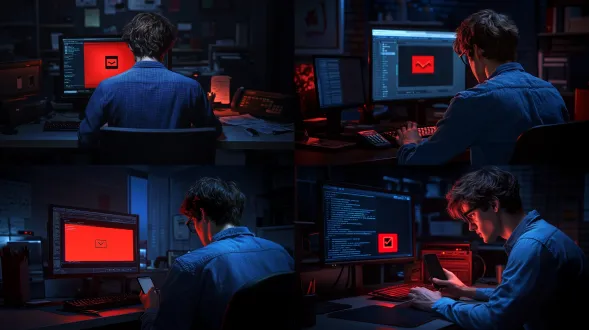 一个年轻男子背影，凌乱头发，蓝色麻质衬衫黑框眼镜，俯视视角，昏暗办公室深夜加班，伸手拿键盘旁手机，手机信息提示，电脑屏幕红色警示框，周围冷清工位，电影级布光，3d真实，杰出纹理科技感，神秘压抑孤独，冷色调，广角镜头，高对比度，8k分辨率，精致细节，氛围感强烈