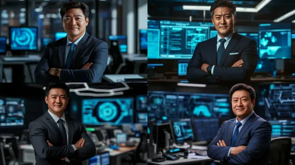 中国男人微胖35岁技术总监，熨帖西装领带歪斜，假笑眼神冷淡，双手环抱胸前，站在办公桌前，全景构图，电影级布光，超细节纹理，3d渲染真实，科技感冷色调，8k分辨率，广角镜头，低角度拍摄，硬光阴影，微表情捕捉，都市办公室背景，玻璃金属质感。