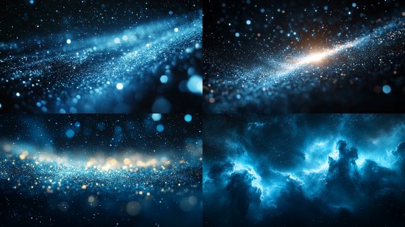 宇宙星辰碎屑漂浮，暗黑背景，银白冷光，淡蓝荧光纹路，20:9宽屏，电影级质感，超高清，微距镜头，慢动作，神秘深邃，宏大视角，星空尘埃，科技感，冷色调，静谧，粒子特效，宇宙尘埃，细节丰富
