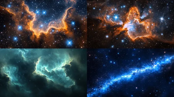 宇宙星辰碎屑汇聚成溪流状，前端高密度半透明光带，后端稀疏星尘尾迹，背景淡星云轮廓，银白冷光与淡蓝荧光纹路，20:9宽屏，电影级质感，超高清，微距镜头，慢动作，神秘深邃，宏大视角，星空尘埃，科技感，冷色调，静谧，粒子特效，宇宙尘埃，细节丰富