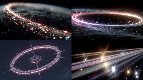 环形星际空间站，霓虹光带（粉紫e0b0ff、靛蓝4158d0）随交响节奏明暗闪烁，亮时实体光条暗时淡色轮廓，纺锤形飞行器拖着淡青87ceeb离子尾迹形成交错光网，超远景20:9宽屏，电影质感，8k超高清，深邃星空，宏大视角，冷色调，科技感，静谧氛围，粒子特效，宇宙尘埃，细节丰富，广角镜头，动态模糊，微弱环境光