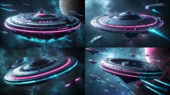 环形星际空间站，霓虹色外壁随交响节奏明暗闪烁，周围悬浮飞行器拖淡青离子尾迹，浩瀚宇宙背景，超远景构图，20:9宽屏，电影级质感，8k超高清，宏大视角，冷色调，科技感霓虹光效，深邃星空，动态粒子特效，宇宙尘埃，细节丰富，静谧神秘，广角镜头，长曝光，微光环境，对称美学