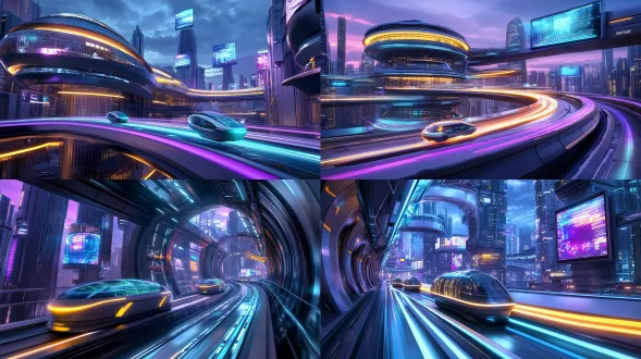 未来赛博星际文明城市，螺旋流线型科技建筑，玻璃表面流动实时数据光流，悬浮光轨上胶囊状代步舱快速移动，全息投影广告形成空中光网，电影级真实质感，赛博朋克风格，科幻神秘，8k分辨率，远景仰视镜头，动态模糊，霓虹色调，低角度拍摄，高动态范围，金属光泽，未来感，科技美学