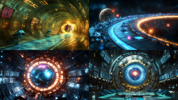 未来星际尘世空间站，环形甜甜圈结构，外环信息接收天线阵，红色信号灯闪烁，内环全息信息球，信息碎片碰撞融合，金色光爆，信息走廊，弧形新闻屏，光感地板淡绿涟漪，蓝色信息搬运机器人，机械爪，脉冲式闪烁，淡紫信号波纹，科技蓝为主，金色绿色为辅，8k分辨率，电影质感布光，科幻真实，全景