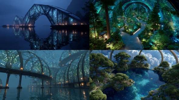 赛博空中社区，悬浮生态岛，透明光桥连接，荧光草坪覆盖，半透明防护光盾，弧形玻璃屋，实时天气数据外墙，小型机器人修剪荧光植物，科幻真实，电影质感布光，8k分辨率，广角镜头，冷色调，未来感，神秘氛围，动态光影，高细节，低角度拍摄，科技感，银色与绿色 #32cd32 点缀，宁静与探索情绪