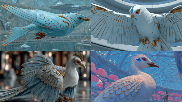 "科技感神鸟守护者“喜宝”，10米流线型身躯覆盖银白生物金属鳞片（金橙光边），半透明淡紫渐变能量光翼（碳纤维纹理翼骨），头部蓝色菱形量子晶体冠，红色能量光源眼部，金色防护光纹爪部，淡绿守护光粒环绕，赛博星际空间站背景，超写实细节，电影级光影，全景构图，超高清，科幻生物美学，动态悬浮姿态，冷色调，未来感，威严神秘。"