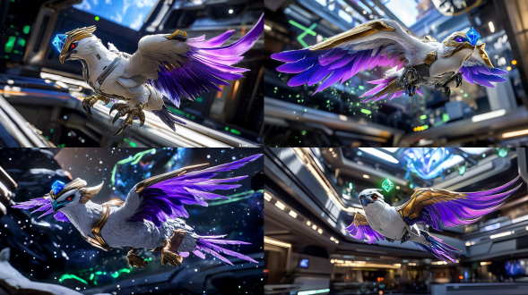 科技感神鸟守护者“喜宝”，流线型生物金属鳞片身躯（银白基底金橙光边），半透明淡紫能量光翼（碳纤维翼骨），蓝色菱形量子晶体冠，红色能量光源眼部，金色防护光纹爪部，淡绿守护光粒环绕，赛博星际空间站背景，超写实细节，电影级光影，科幻生物美学，全景构图，超高清8k，动态光效，冷色调与暖光对比，威严神圣感，未来科技感，宏观视角，广角镜头，复杂材质渲染，hdr