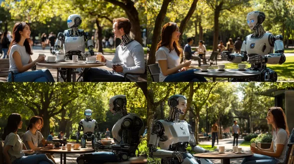 绿树成荫的公园，咖啡桌，美丽的中国女孩，两个外国人，两个机器人，围坐喝咖啡谈笑，明媚阳光，科幻真实，电影级布光，超写实，超高清，中景，背景机器人与人类散步，未来感，梦幻氛围，科技感，柔和自然光，广角镜头，浅景深，细腻肤色，微笑表情，休闲服饰，金属质感机器人，高对比度，生动色彩，温馨和谐