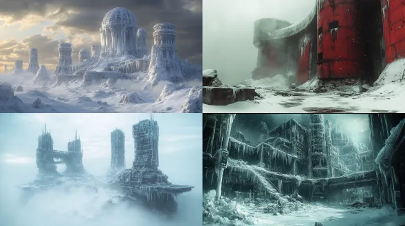 冰雪覆盖的未来废墟，残破的高科技建筑，金属与冰晶交织，全景视角，电影级布光，冷色调，超写实细节，广角镜头，环境雾，低角度拍摄，冰冻纹理，科技感残骸，悲凉氛围，超高清画质，科幻真实感，动态云层，暗部细节丰富，高动态范围，寂静空旷，未来主义颓废风格。