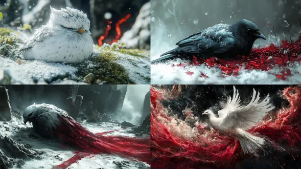 神鸟被冰雪冻结，闭目沉睡，背景是冰雪覆盖的废墟和黑色浓雾中流动的红色数据流，科技感近景，科幻真实，电影级布光，冰冷悲凉，全景构图，超写实风格，超高清细节，暗色调，动态光影，未来废墟，低角度拍摄，广角镜头，高对比度，雾效渲染，数据粒子，金属质感，末日氛围。