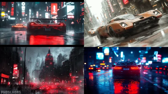 未来高科技城市，全景俯瞰，悬浮车穿梭，霓虹广告闪烁，冷色调，电影质感，超写实，超高清，广角镜头，低角度布光，金属与玻璃建筑，雾气弥漫，科技感强烈，冰冷悲凉氛围，细节丰富，动态模糊，赛博朋克风格，暗部深邃，高光锐利，城市天际线，未来感十足。