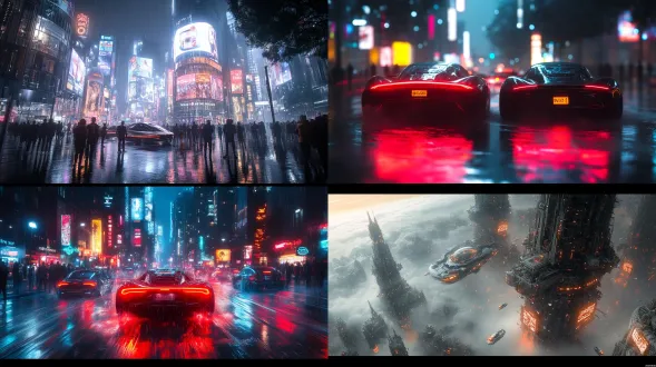 未来高科技城市，悬浮车穿梭，霓虹广告闪耀，全景超写实，电影级布光，科技感强烈，明媚色调，超高清细节，赛博朋克风格，广角镜头，动态光影，金属质感，玻璃反光，未来感建筑，人群流动，真实科幻氛围，冷色调与霓虹对比，城市天际线，细节丰富，超现实场景。