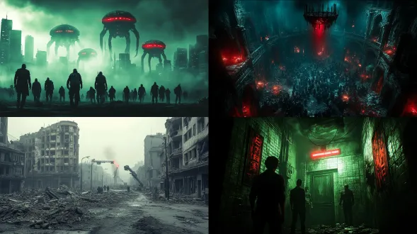 外星人统治的地球，倒塌建筑废墟，人们躲藏阴影中，恐惧眼神，破旧衣物，外星机甲悬浮空中，红色扫描光束，尘埃弥漫，冷色调，科幻真实，电影质感，超写实，超高清，广角镜头，低角度拍摄，动态模糊，末日颓废，科技压迫感，紧张氛围，细节丰富，金属光泽，废墟纹理，暗部深邃，高对比度