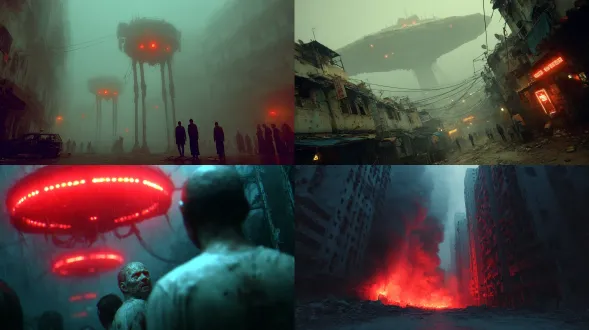 外星人统治地球，倒塌建筑废墟，破旧衣物人们躲藏阴影中，恐惧眼神，外星机甲悬浮空中，红色扫描光束，尘埃弥漫，冷色调，科幻真实感，电影级质感，超写实细节，8k超高清，低角度仰拍，动态模糊处理，末日颓废风格，压迫性科技感，紧张压抑氛围，金属机甲光泽，废墟裂纹纹理，暗部深邃阴影，高对比度光影，红色警示光效，广角镜头变形，烟雾粒子效果，赛博朋克色调，未来主义构图