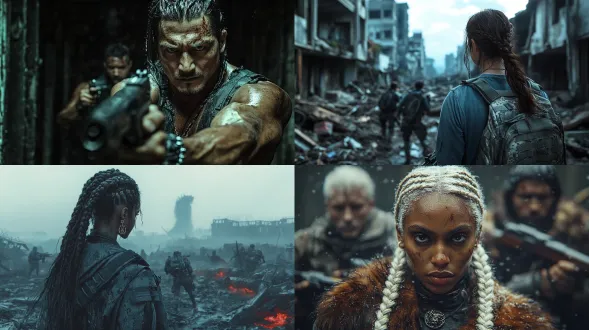 科幻电影感首领束发配龙符吊坠，战士持枪跟随，残垣断壁中隐蔽观察，昏暗光线，超高清超写实，电影级布光，中景构图，冷色调，高纹理细节，紧张氛围，真实科幻风格，动态光影，电影质感，金属与废墟材质，低调高对比，未来战场，战术装备，警觉表情。