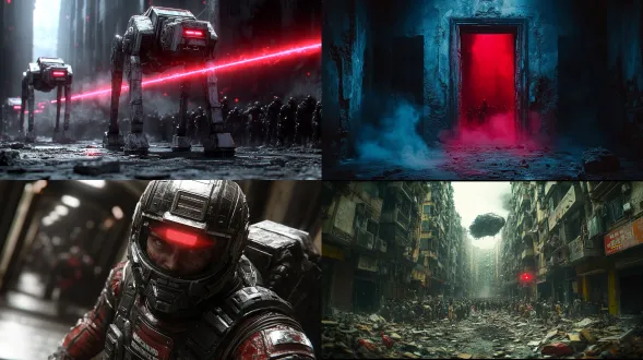 外星统治地球，废墟建筑，破旧衣物，躲藏人群恐惧眼神，悬浮的机甲，红色扫描光束，尘埃弥漫，冷色调，科幻写实，电影质感，超精细细节，8k超高清，低角度拍摄，动态模糊，末日衰败风格，压迫科技感，紧张压抑氛围，金属机甲光泽，碎片裂纹纹理，暗部深阴影，高对比光影，红色警示光效，广角镜头畸变，烟雾粒子效果，赛博朋克色调，未来感构图。