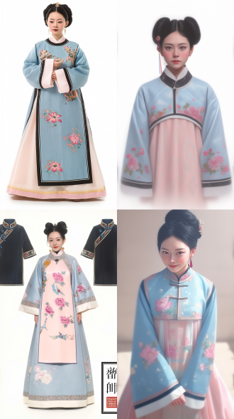 中国古代美女，素雅嫔位宫装，浅蓝藕荷色调，精致暗纹，端庄发髻，清丽妆容，温婉眼神，温柔微笑，2.5d真实，正面站立，全景，白色背景，高清晰，细致纹理，柔和光线，浅景深，细腻皮肤质感，优雅姿态，古典气质，淡雅色彩，宁静氛围