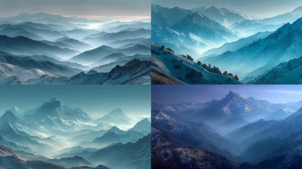 梦幻连绵的雪山，壮丽远景，柔和的晨光，冰雪覆盖的山峰，云雾缭绕，淡蓝色调，广角镜头，高动态范围，冷色滤镜，朦胧氛围，宁静感，层次分明，雪粒细节，镜面反射，极简构图，空灵美感。