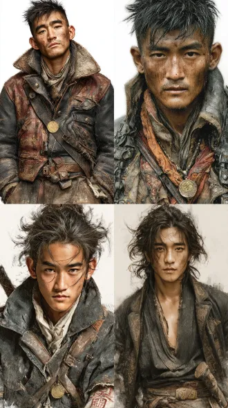 二十多岁青年中国男子，面部硬朗线条，剑眉星目，坚毅眼神带疲惫决绝，汗渍尘土，凌乱头发，深灰黑色撕裂冲锋衣，复古暗纹皮布马甲，挂摸金符伞兵刀，现代实用复古混搭，正面站立，白色背景，4k高清，玄幻二次元风格，高对比度，冷色调，硬光，锐利细节，写实插画，微仰视，英雄肖像，神秘感