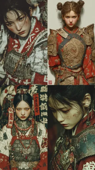 "中古古代年轻女子灵魂状态，英气肃杀，清丽俊朗，眉头紧锁，眼神不屈悲怆恳求，皮肤苍白透明，残破宋代山文甲，刀剑凹痕污迹，破烂红色战袍，简洁高束发髻，正面站立边缘透明，纯白色背景，4k高清，玄幻二次元动漫风格，冷色调，柔光，细节锐化，战损质感，悲壮氛围"