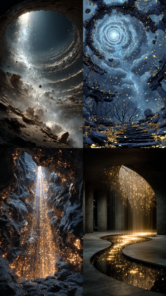 宏伟青铜墓室，破碎蛋壳穹顶，流动旋转星河，星光瀑布倾泻，古老青铜器，超现实对比，东方诡谲美学，全景构图，4k高清，玄幻二次元动漫风格，神秘氛围，暗金色调，星光照亮墓室细节，广角镜头，仰视视角，动态光影，青铜纹理精致，星辰粒子效果，深沉神秘感