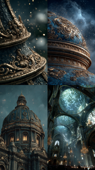 宏伟青铜墓室，穹顶裂缝中有微弱光芒，全景构图，4k高清，玄幻二次元动漫风格，神秘氛围，青铜纹饰繁复，暗金与深蓝主色调，广角镜头，柔光与聚光结合，微尘漂浮，古老符文若隐若现，静谧中带压迫感。