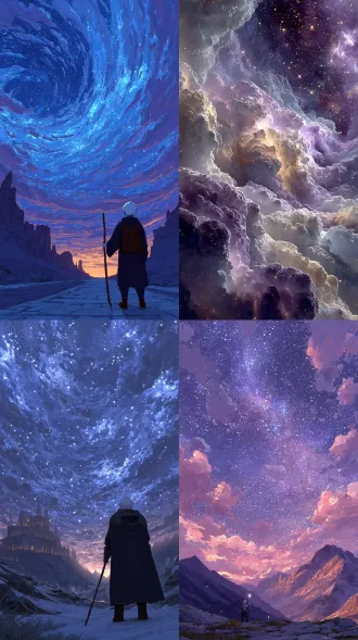 奇异星空全景，4k高清晰，玄幻二次元动漫风格，宇宙璀璨，星云漩涡流动，神秘紫色与深邃蓝色交织，广角镜头，超现实光影，柔和的星光闪烁，远处悬浮着发光的异界城堡，星空下站立着身穿银色长袍的幻术师，银发飘扬，手持水晶法杖，眼神深邃，充满未知力量，环境光，梦幻色调，神秘感，动态云层流动，星辰粒子特效。