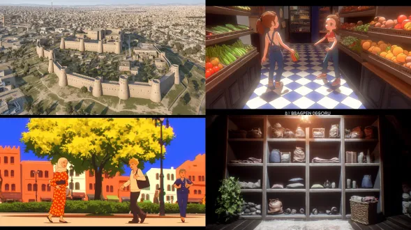 古代西域古城全景，繁华集市，电影质感，8k高清，高饱和度，沙漠黄昏，金色阳光，广角镜头，动态光影，商旅往来，丝绸飘扬，建筑细节，雕刻纹饰，暖色调，神秘氛围，电影级布光，黄昏阴影，远景层次，人物服饰华丽，异域风情，骆驼商队，尘土飞扬，历史厚重感。