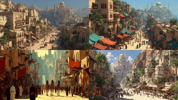 古代西域古城全景，繁华集市，电影质感，8k高清，高饱和度，沙漠黄昏，金色阳光，广角镜头，动态光影，商旅往来，丝绸飘扬，建筑细节，雕刻纹饰，暖色调，神秘氛围，电影级布光，黄昏阴影，远景层次，人物服饰华丽，异域风情，骆驼商队，尘土飞扬，历史厚重感。