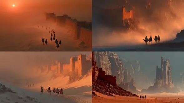 金色的沙漠，远处有骆驼队在行走，前景是黄土古城墙残垣，电影质感，电影级布光，神秘，梦幻，真实，32k高清晰，