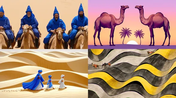 金色的沙漠，远处有骆驼队在行走，前景是黄土古城墙残垣，电影质感，电影级布光，神秘，梦幻，真实，32k高清晰，近景