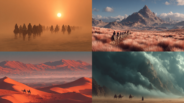 金色的沙漠，远处有骆驼队在行走，前景是黄土古城墙残垣，电影质感，电影级布光，神秘，梦幻，真实，32k高清晰，近景